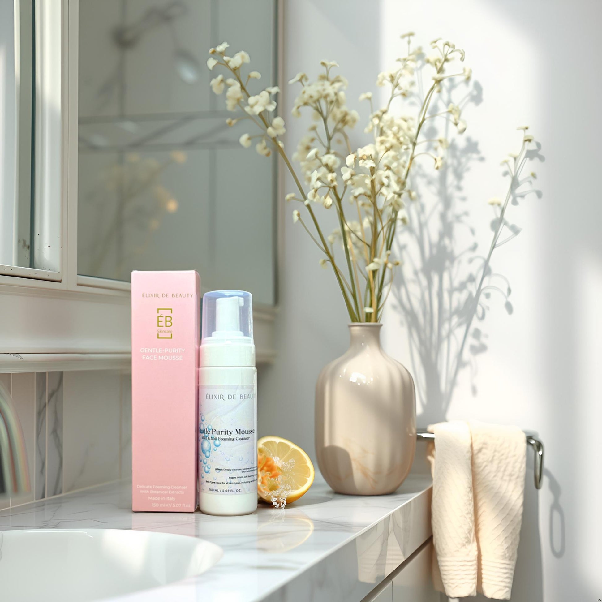 
Élixir de Beauty Gentle Purity Mousse with Aloe Vera and Rose Water, shown with pink box packaging in a floral bathroom setting. Made in Italy.