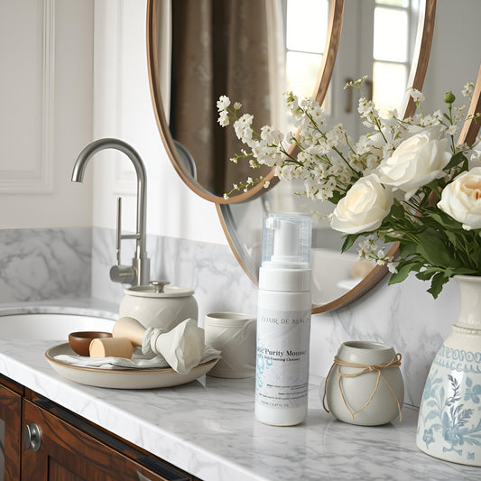 Bottle of Élixir de Beauty Gentle Purity Mousse – botanical face cleanser with Aloe Vera and Rose Water, made in Italy.