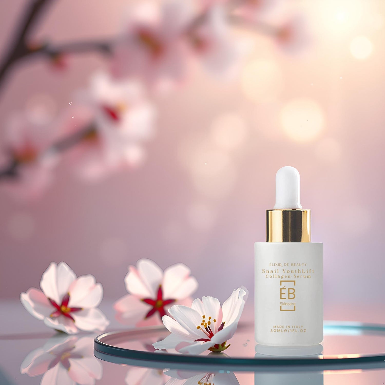 Snail YouthLift Collagen Serum by Élixir de Beauty – anti-ageing serum bottle on floral background